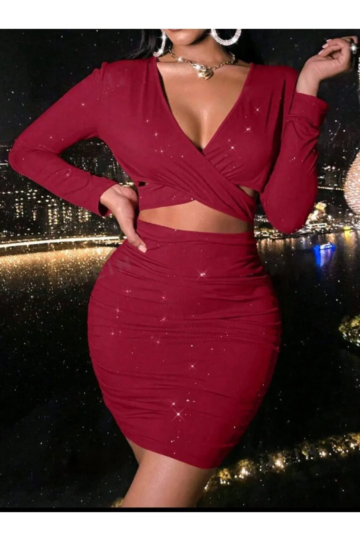 SİMLİ KRUVAZE KESİM UZUN KOLLU GÖĞÜS DEKOLTELİ MİNİ BODYCON ELBİSE